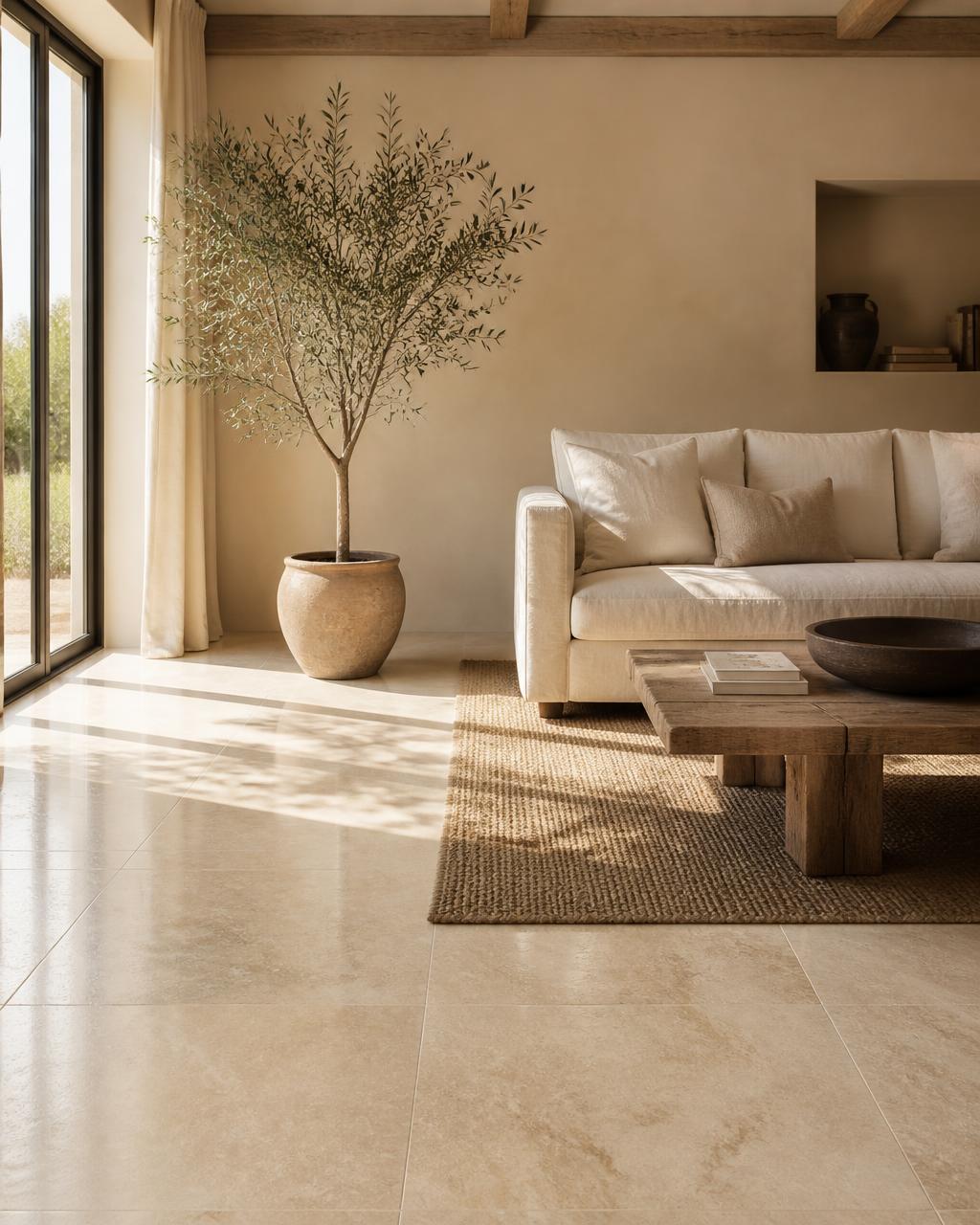 A sunlit living room with warm limestone tiled flooring